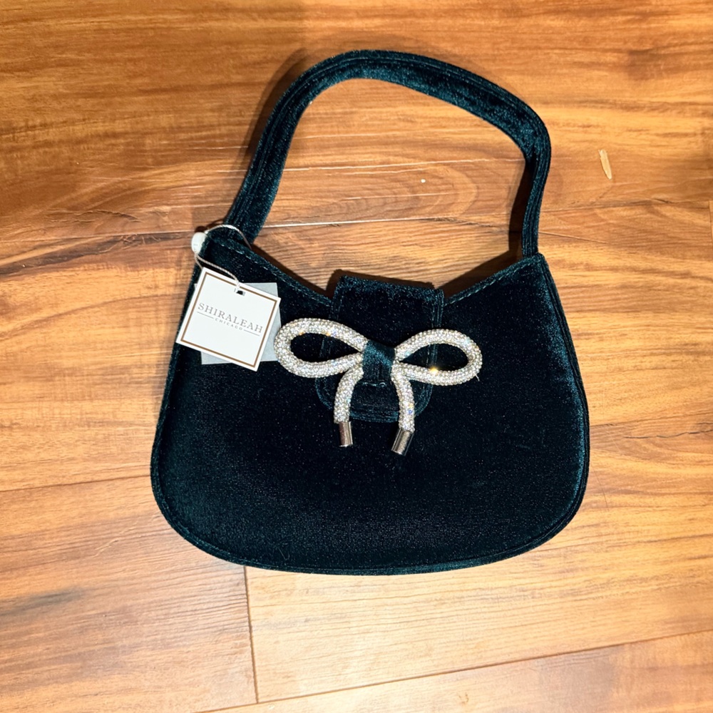 Shiraleah Dark Green Velvet Mini Bag with Silver Bow